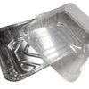 Image of foil tray with plastic lid on white background.