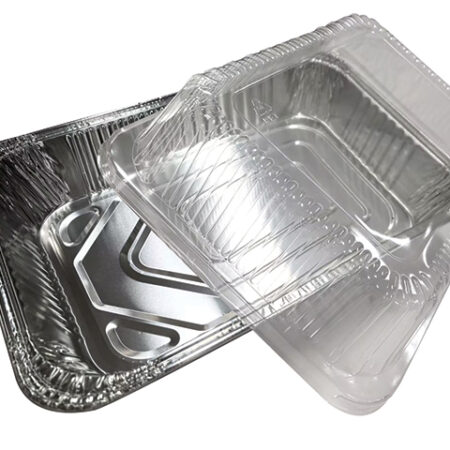 Image of foil tray with plastic lid on white background.