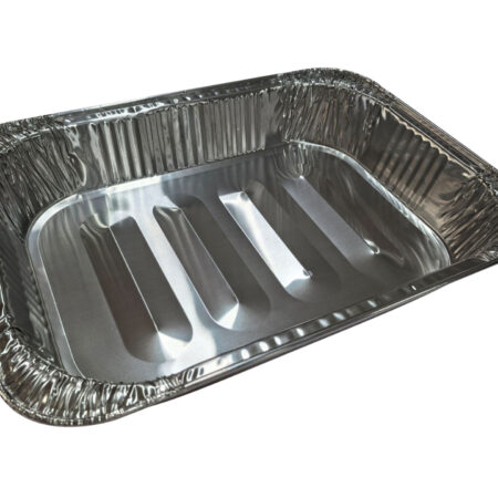 Rectangular Foil Tray Pk3. Dimensions are 455mm x 340mm x 75mm.