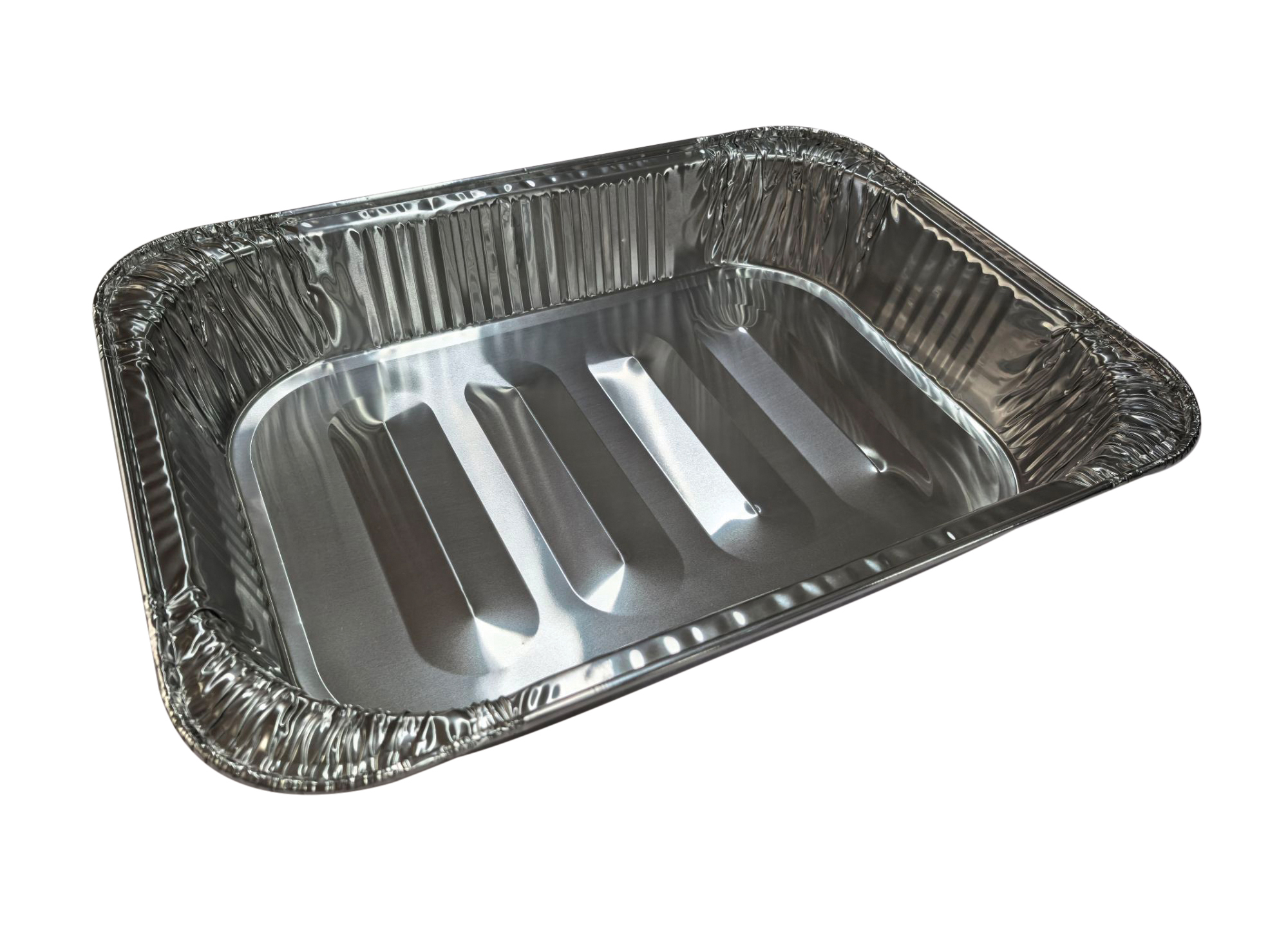 Rectangular Foil Tray Pk3. Dimensions are 455mm x 340mm x 75mm.