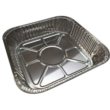 Square Foil Tray with Plastic Lid Pk3. The dimensions are 206mm x 206mm x 45mm.