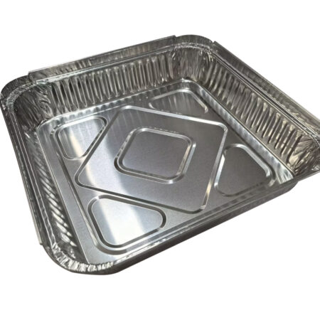 Square Foil Tray with Paper Lid Pk3. The dimensions are 230mm x 230mm x 50mm.