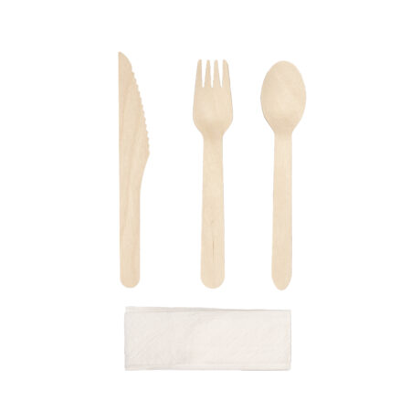 Wooden Cutlery and Napkin 4 Piece Set Pk10