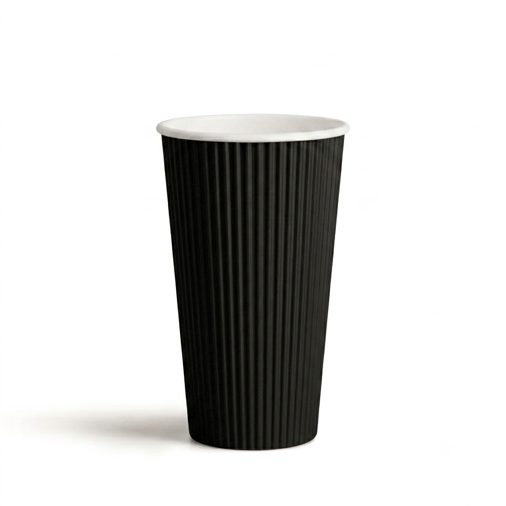 480mL/16oz Black Triple Wall Ripple Paper Coffee Cup Pk25